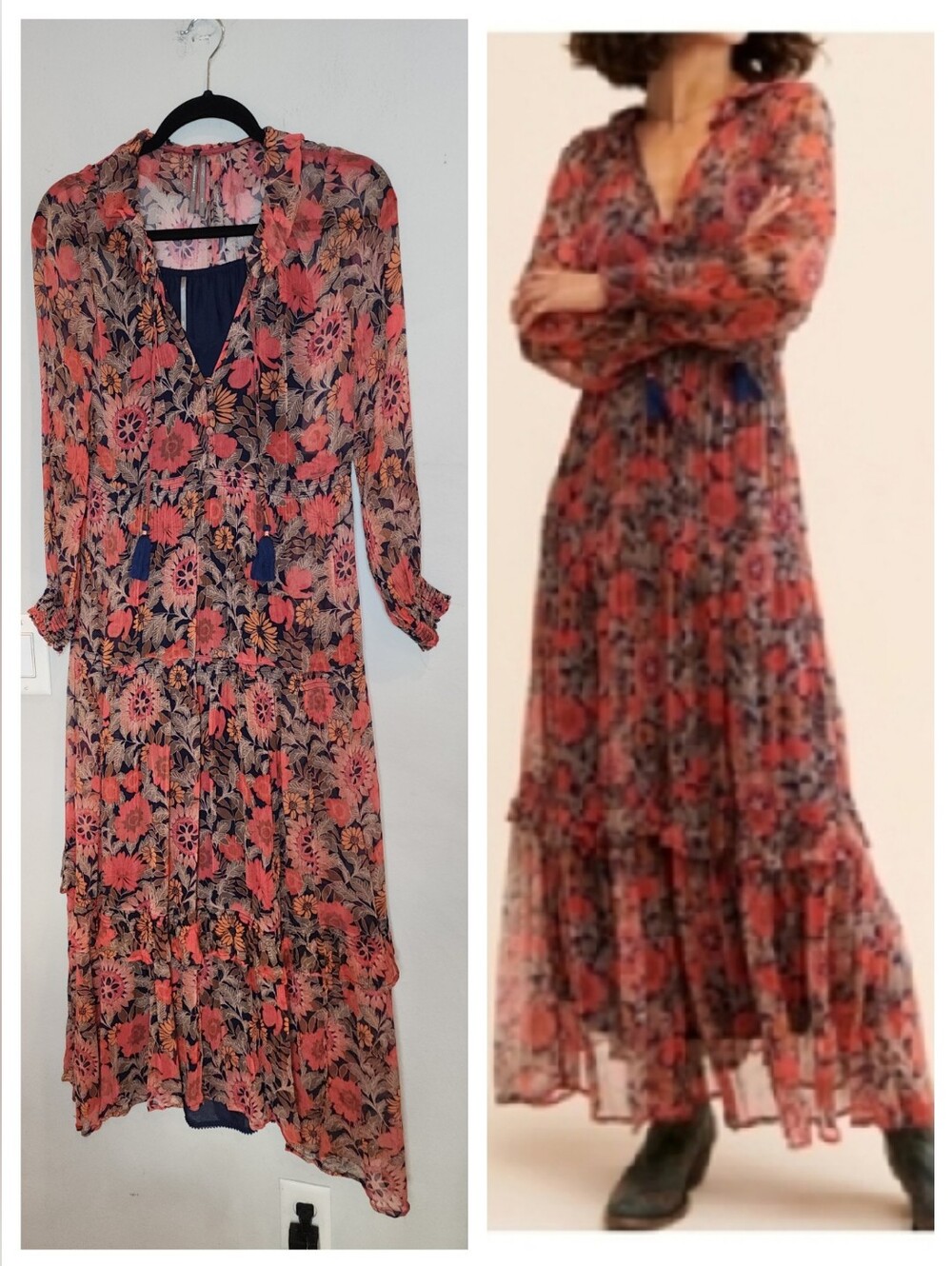 Anthropologie Marais Chiffon Maxi Dress Blue Coral Floral Cupro Size XXS